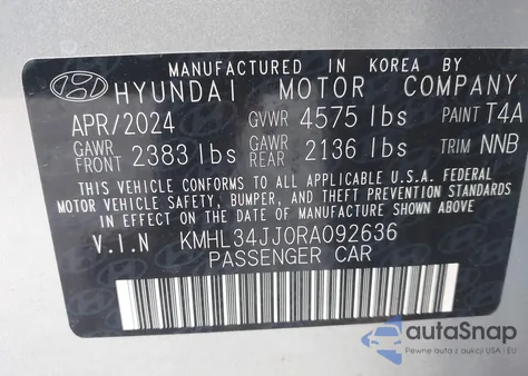 2024 Hyundai Sonata Hybrid Sel из США, поврежденный, VIN KMHL34JJ0RA092636